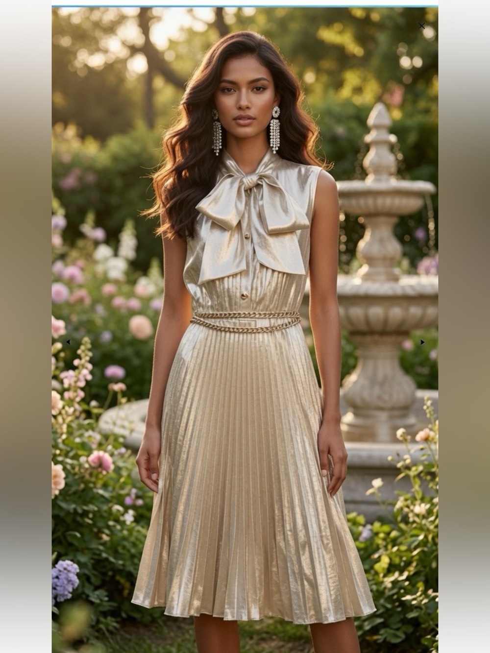 Self Portrait Delicate gold Midi Dress with bow US 8
